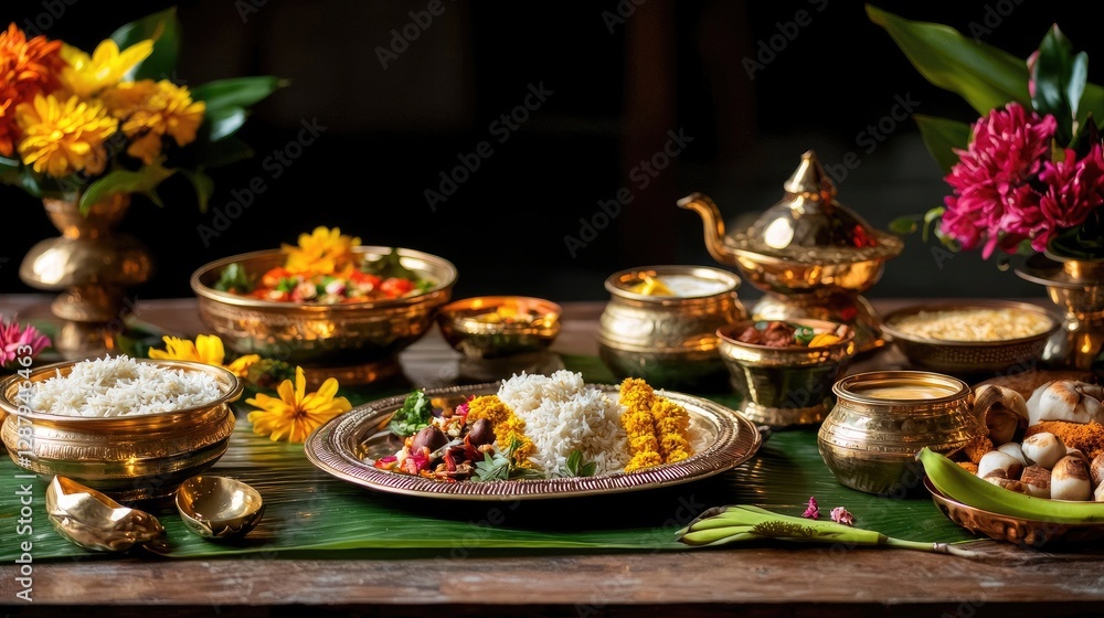 Fototapeta premium Vibrant Indian Feast with Traditional Decor and Colorful Flowers