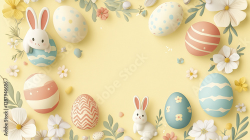 Easter eggs and bunnies on pastel yellow background with flowers