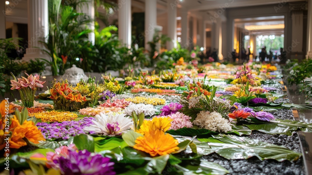 Obraz premium Vibrant Floral Arrangement across Pathway in Elegant Venue