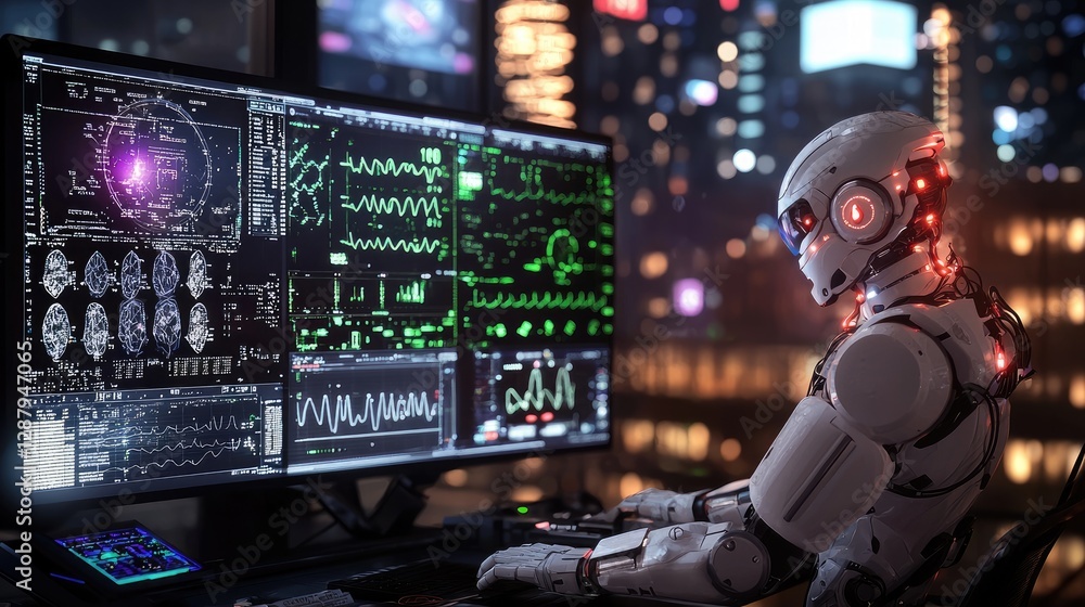 Futuristic Robot Analyzing Data on Advanced Computer Interface Futuristic Robot Analyzing Data on Advanced Computer Interface
