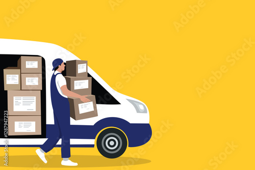 Delivery man with copy space lifting goods, hands full of cardboard boxes to customer. The courier sends the package to the ordered.