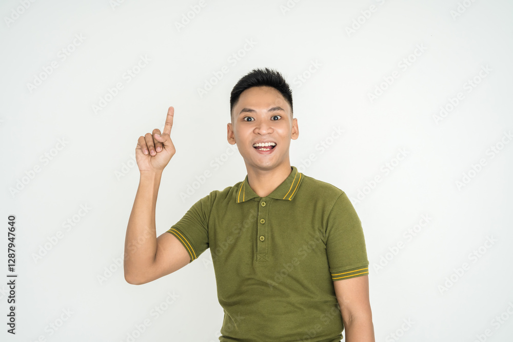 Excited Person Pointing Up with a Surprised Facial Expression Excited Person Pointing Up with a Surprised Facial Expression