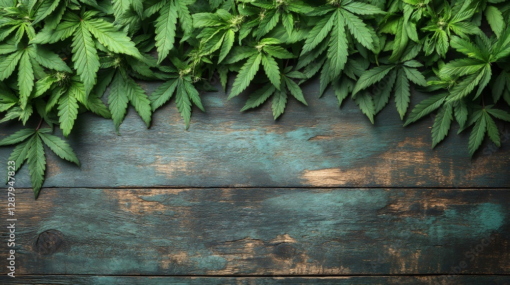 Fototapeta premium Cannabis leaves bordering rustic wooden background with copy space