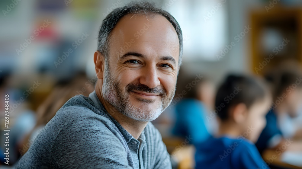 A smiling male teacher in a class at elementary school, looking at the camera, bright natural classroom lighting, cheerful and educational ambiance, modern classroom. A smiling male teacher in a class at elementary school, looking at the camera, bright natural classroom lighting, cheerful and educational ambiance, modern classroom.