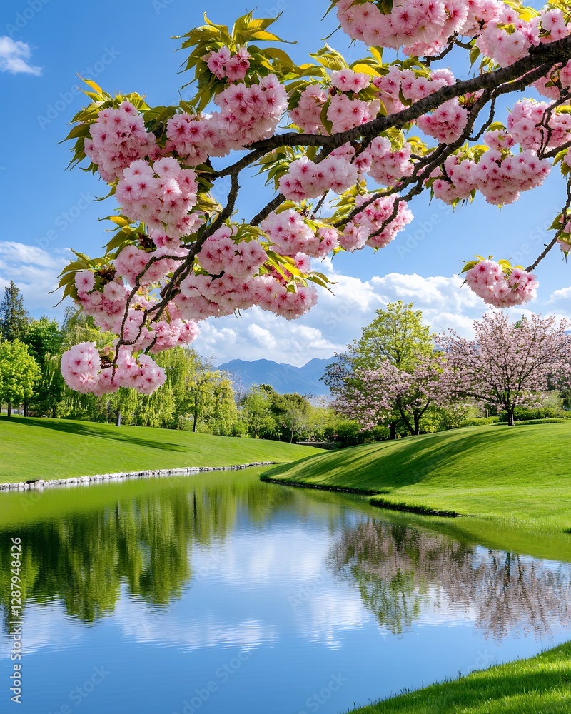 Serene Spring Landscape with Vibrant Pink Cherry Blossoms Reflecting in a Calm Pond Serene Spring Landscape with Vibrant Pink Cherry Blossoms Reflecting in a Calm Pond