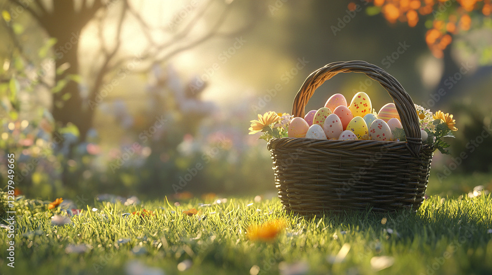 charming wicker basket overflowing with pastel colored Easter eggs charming wicker basket overflowing with pastel colored Easter eggs