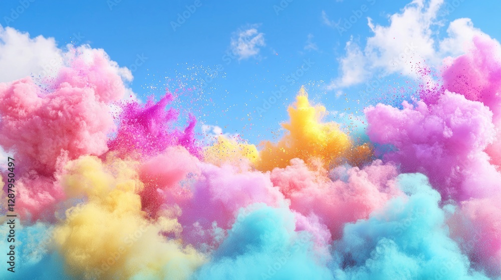 Fototapeta premium Colorful Cloud of Powder Explosions Against a Blue Sky Background