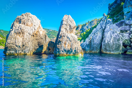 Fototapeta Naklejka Na Ścianę i Meble -  Paleokastritsa blue caves and Ionian sea on Korfu, Greece