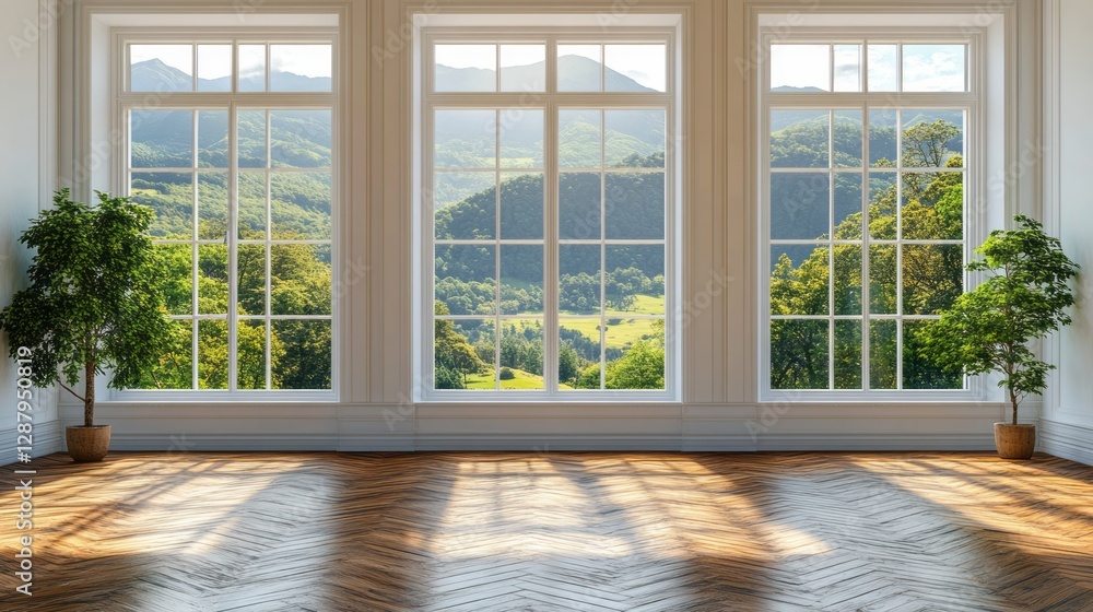 Bright room with large windows overlooking nature scene Bright room with large windows overlooking nature scene