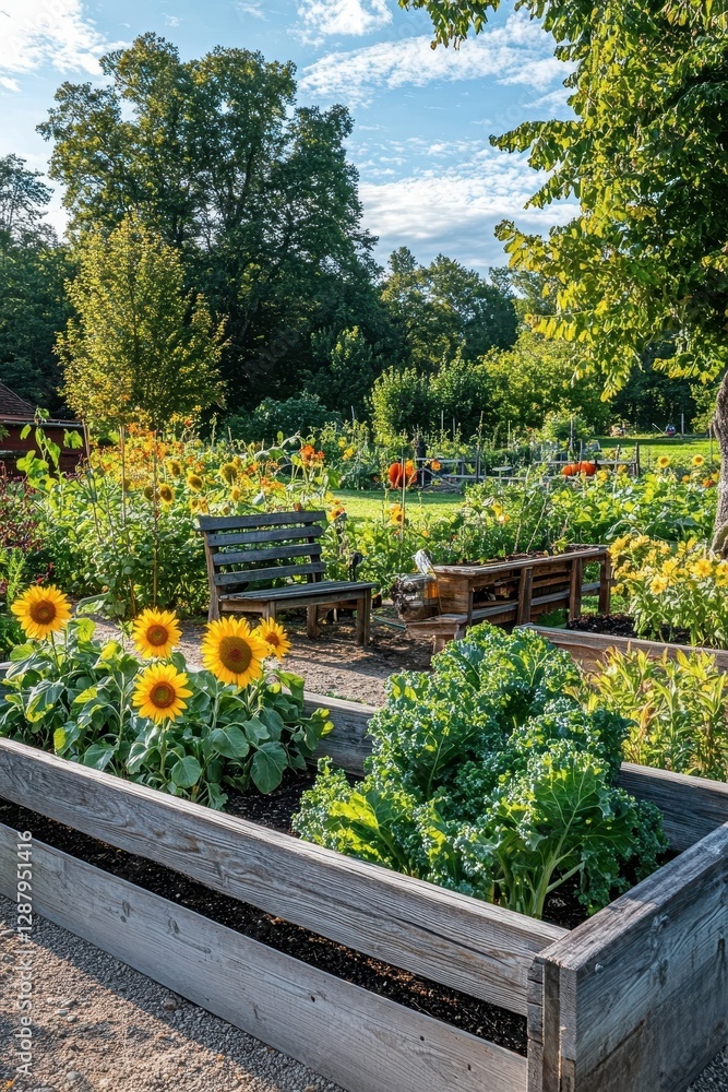 Obraz premium Vibrant raised garden beds featuring sunflowers, carrots, and kale in a rustic wooden setting.