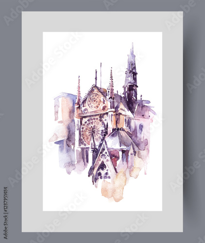Catholic Cathedral of Notre Dame De Paris in capital of France on poster. Watercolor artwork. Wall art with building of temple of Notre Dame De Paris in gothic style, in frame with decor for print