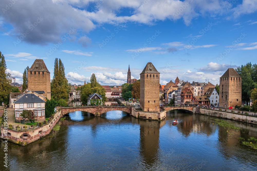 View of the Ponts Couverts and medieval towers in Strasbourg, France