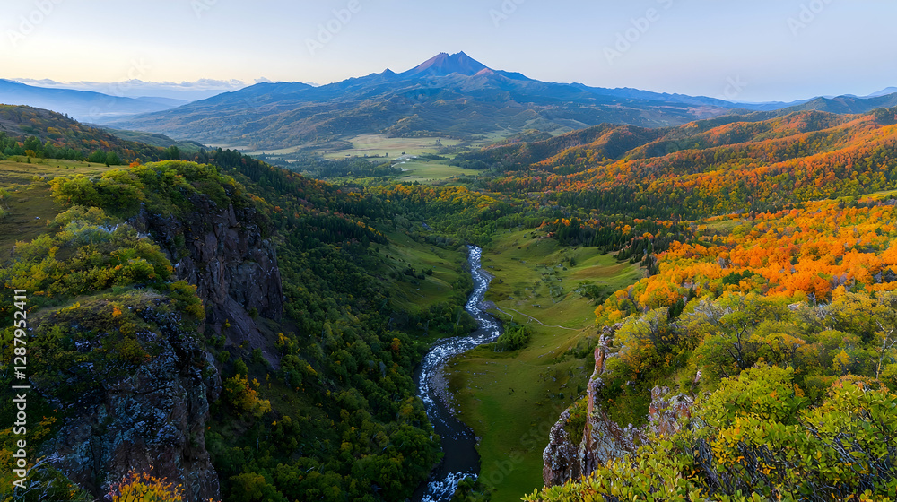 Autumn mountain valley river landscape, sunrise Autumn mountain valley river landscape, sunrise