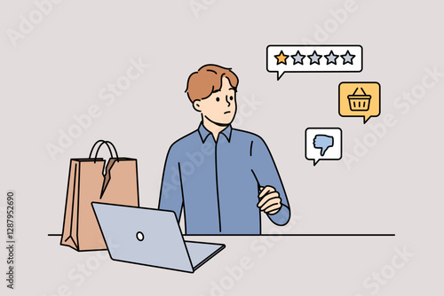 Man critic leaves negative feedback about services received via laptop and websites with company ratings. Critical feedback from user who was dissatisfied due to violation of online store promises