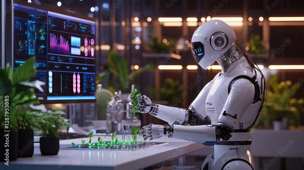 Fototapeta premium Robotic Hands Working with Plants in a High-Tech Lab Setting