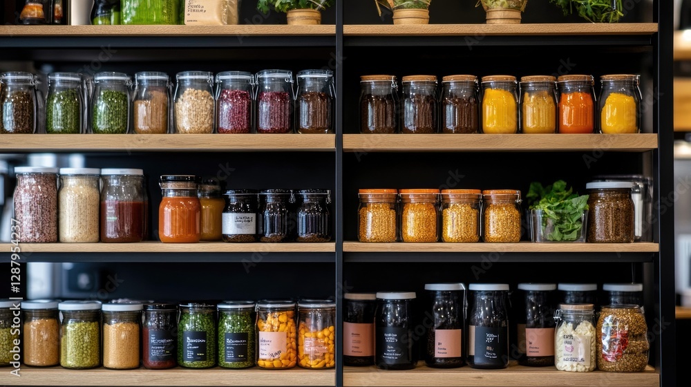 Colorful Collection of Jars with Spices, Sauces, and Preserves Colorful Collection of Jars with Spices, Sauces, and Preserves