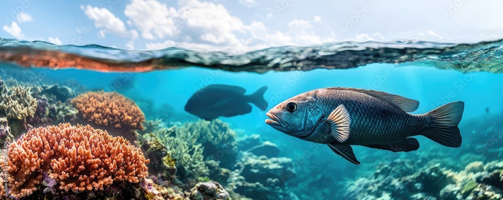 Fototapeta premium Ocean acidification concept. A vibrant underwater scene with coral reefs and colorful fish swimming gracefully.