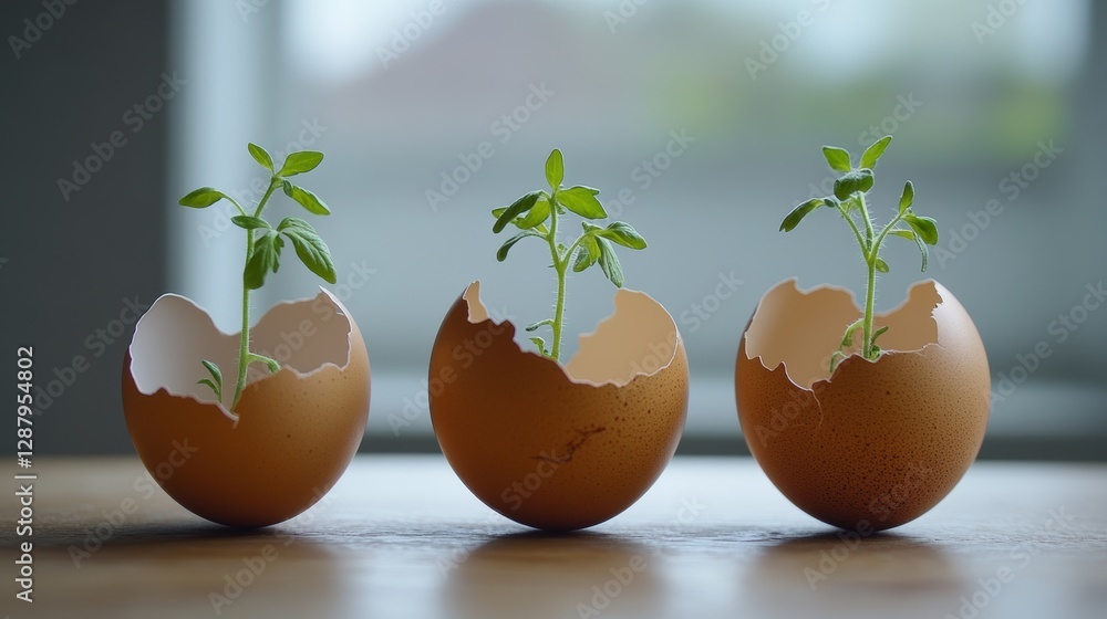 Three eggshells with tomato seedlings growing inside, symbolizing the growth of new life and sustainability in food production Three eggshells with tomato seedlings growing inside, symbolizing the growth of new life and sustainability in food production