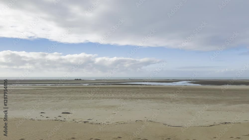 Serene coastal scene at Authie Bay with a group of horseback riders silhouetted against the vast shoreline and shimmering sea, sky filled with clouds, evoking a sense of freedom and tranquility Serene coastal scene at Authie Bay with a group of horseback riders silhouetted against the vast shoreline and shimmering sea, sky filled with clouds, evoking a sense of freedom and tranquility