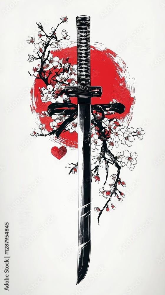 Obraz premium Japanese Katana Sword with Cherry Blossoms and Rising Sun Design