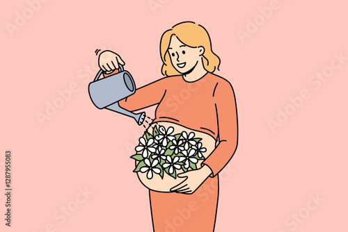 Pregnant woman takes care of future child by watering belly with flowers as sign of love and affection for unborn son. Pregnant girl experiences joy and positive emotions in anticipation of childbirth photo