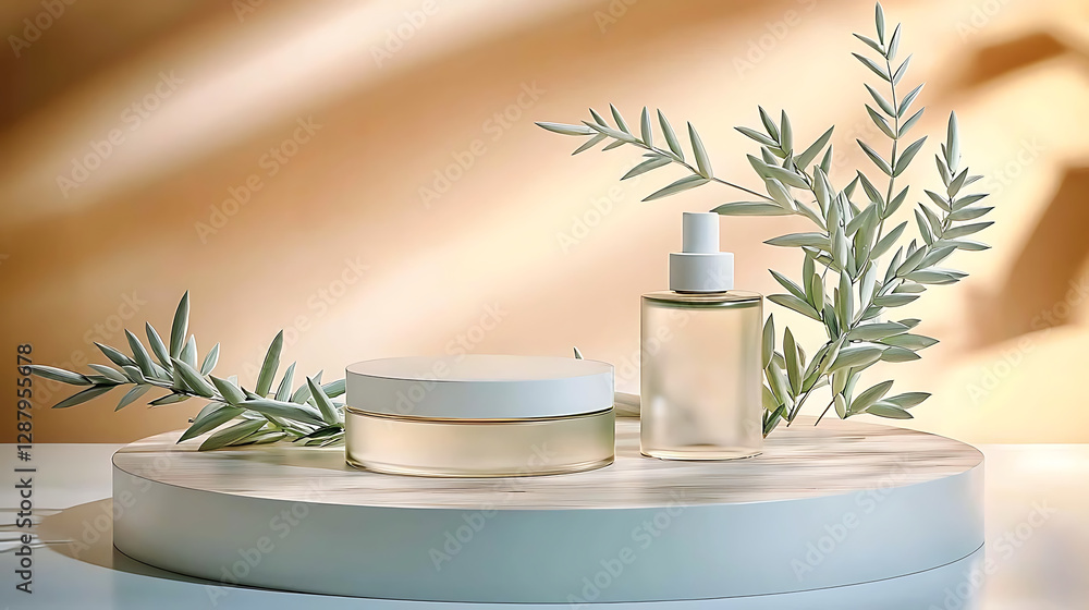 Elegant skincare products displayed on a round pedestal with plant accents and warm inviting lighting. Elegant skincare products displayed on a round pedestal with plant accents and warm inviting lighting.