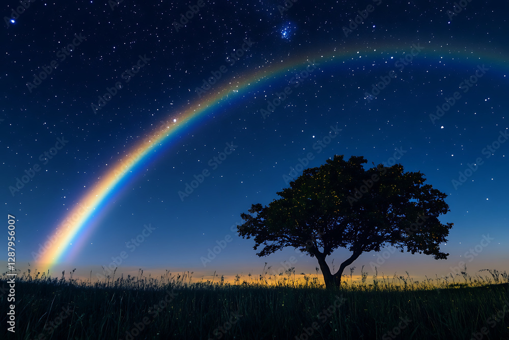 Night sky filled with stars and a rainbow arching over a silhouette of a tree on a grassy hill. Night sky filled with stars and a rainbow arching over a silhouette of a tree on a grassy hill.