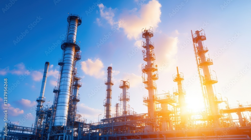 Obraz premium Industrial Refinery Complex at Sunset Silhouette