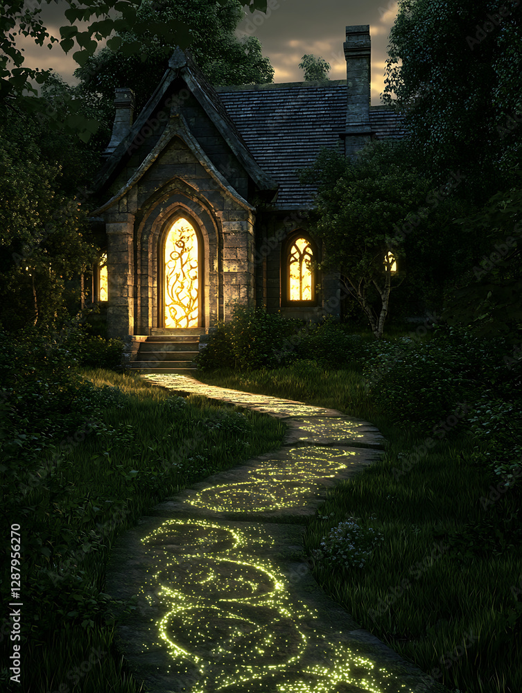 Fototapeta premium Enchanted stone cottage in twilight with a glowing path leading to its arched doorway amidst lush foliage.