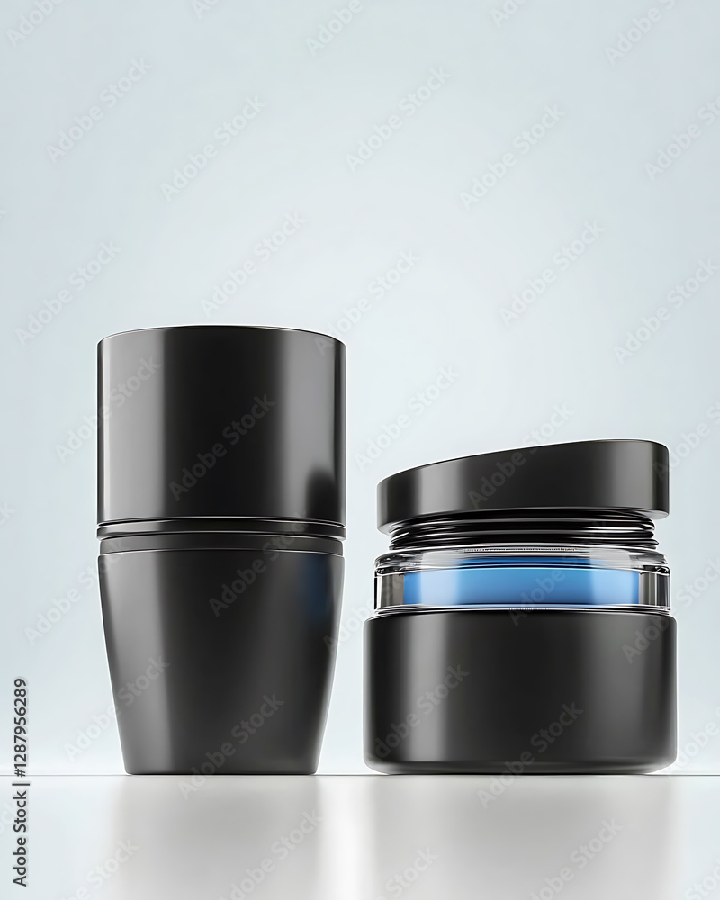 Two sleek black containers one tall and one round displaying product against a light gradient background. Two sleek black containers one tall and one round displaying product against a light gradient background.