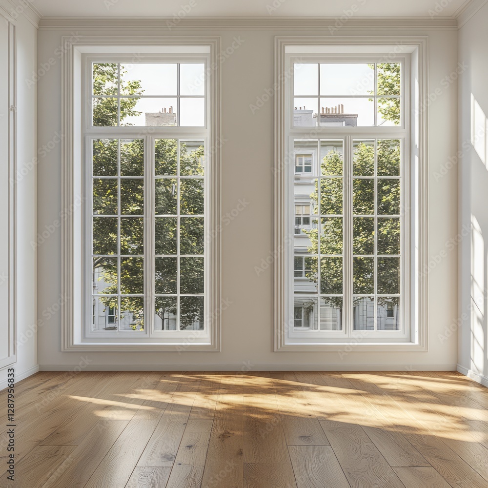 Fototapeta premium Two large windows illuminate an empty room with hardwood floor