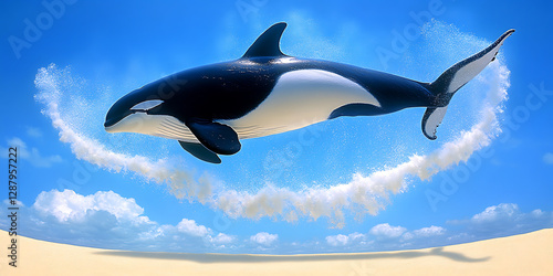 An orca leaps from a beach ascending into a bright blue sky with fluffy clouds leaving a trail of splashing water behind it. photo