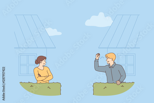 Conflict two neighbors, between screaming man and offended woman standing in backyard of own houses