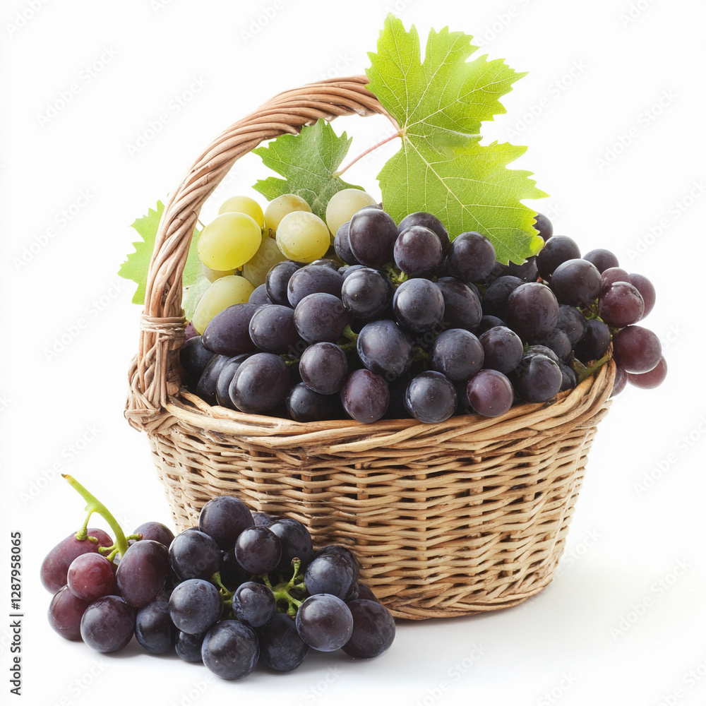 Fresh grapes in a woven basket on a white background. Generative AI Fresh grapes in a woven basket on a white background. Generative AI