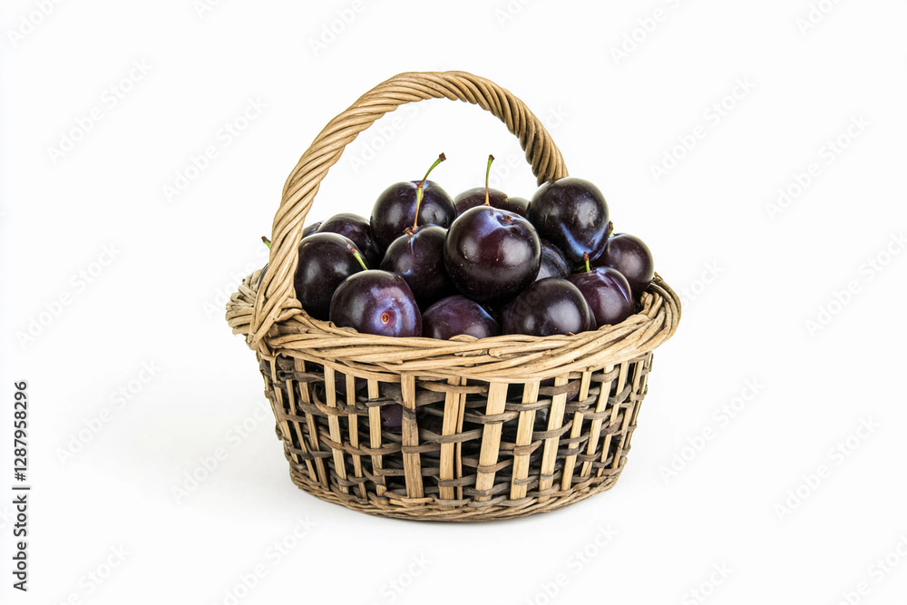 Fresh plums piled in a woven basket on white background. Generative AI Fresh plums piled in a woven basket on white background. Generative AI
