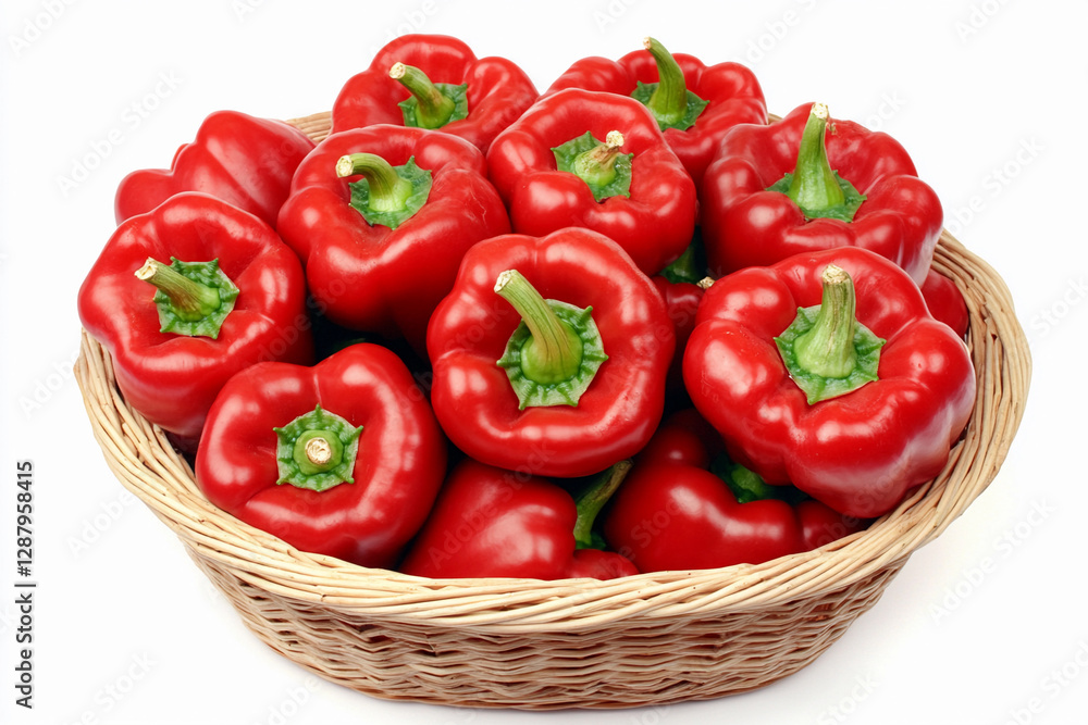 Fresh red bell peppers in a woven basket. Generative AI Fresh red bell peppers in a woven basket. Generative AI