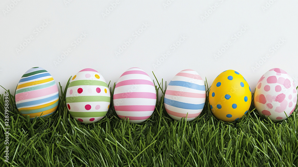 Fototapeta premium Colorful striped and polka dotted Easter eggs on grass