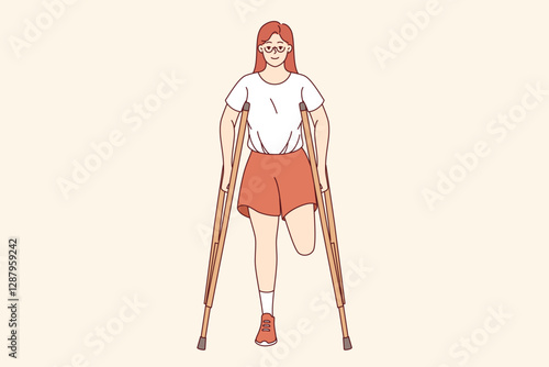 Leg amputation caused by chronic health problems in woman with disabilities using crutches. Happy girl smiles and shows positive emotions despite leg amputation causing problem in life