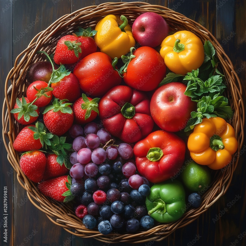 A vibrant and fresh assortment of fruits and vegetables displayed in a woven basket. A vibrant and fresh assortment of fruits and vegetables displayed in a woven basket.