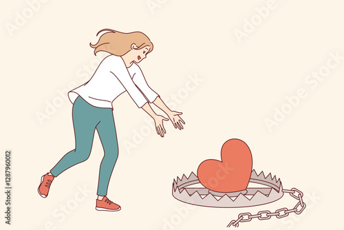 Woman falls into romantic trap when she runs up to mantrap with heart-shaped bait. Romantic trap for girl who wants to find love and agrees to risky relationship that causes life problems