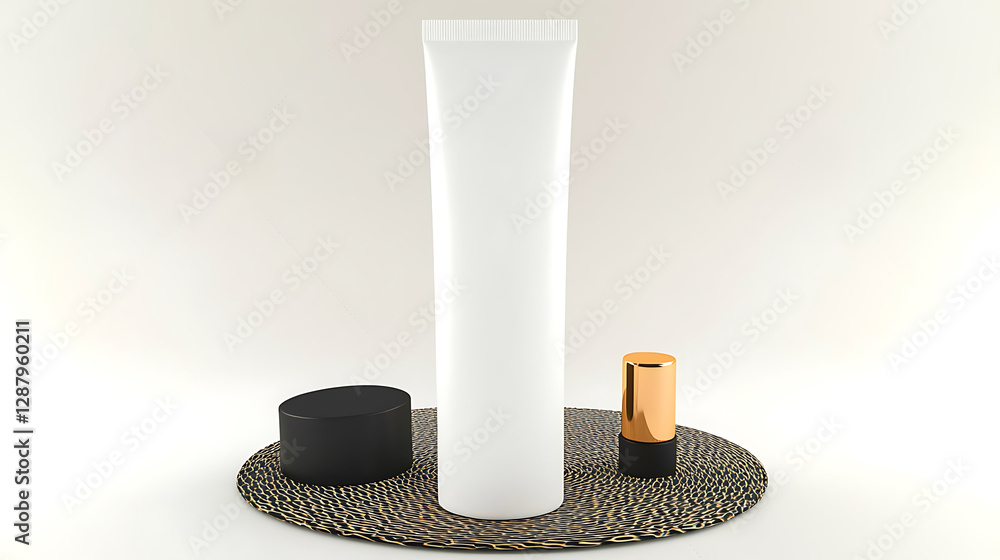 Naklejka premium White tube with a black and golden cosmetic container on a decorative surface.
