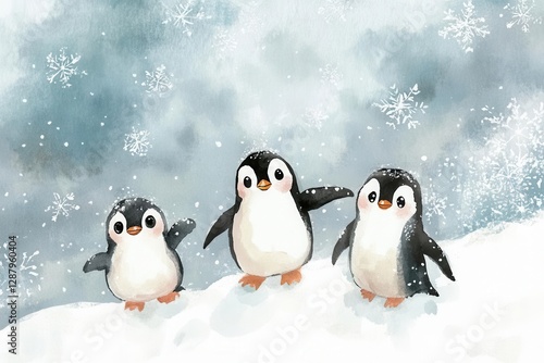 whimsical watercolor penguin family in pastel colors, playfully sliding down an ice slope with joyful expressions and scattered snowflakes