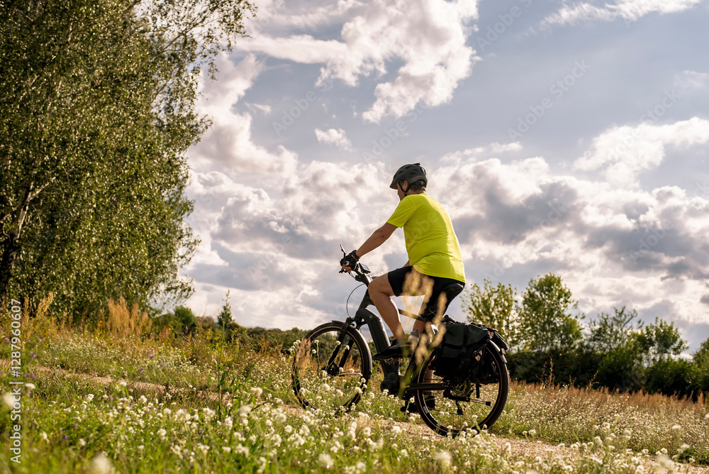 Mature man on a tour with an e-bike Mature man on a tour with an e-bike