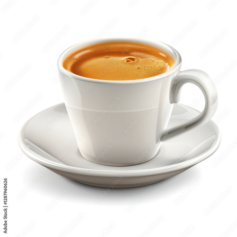 A white porcelain cup filled with steaming hot coffee, resting on a simple saucer. A white porcelain cup filled with steaming hot coffee, resting on a simple saucer.