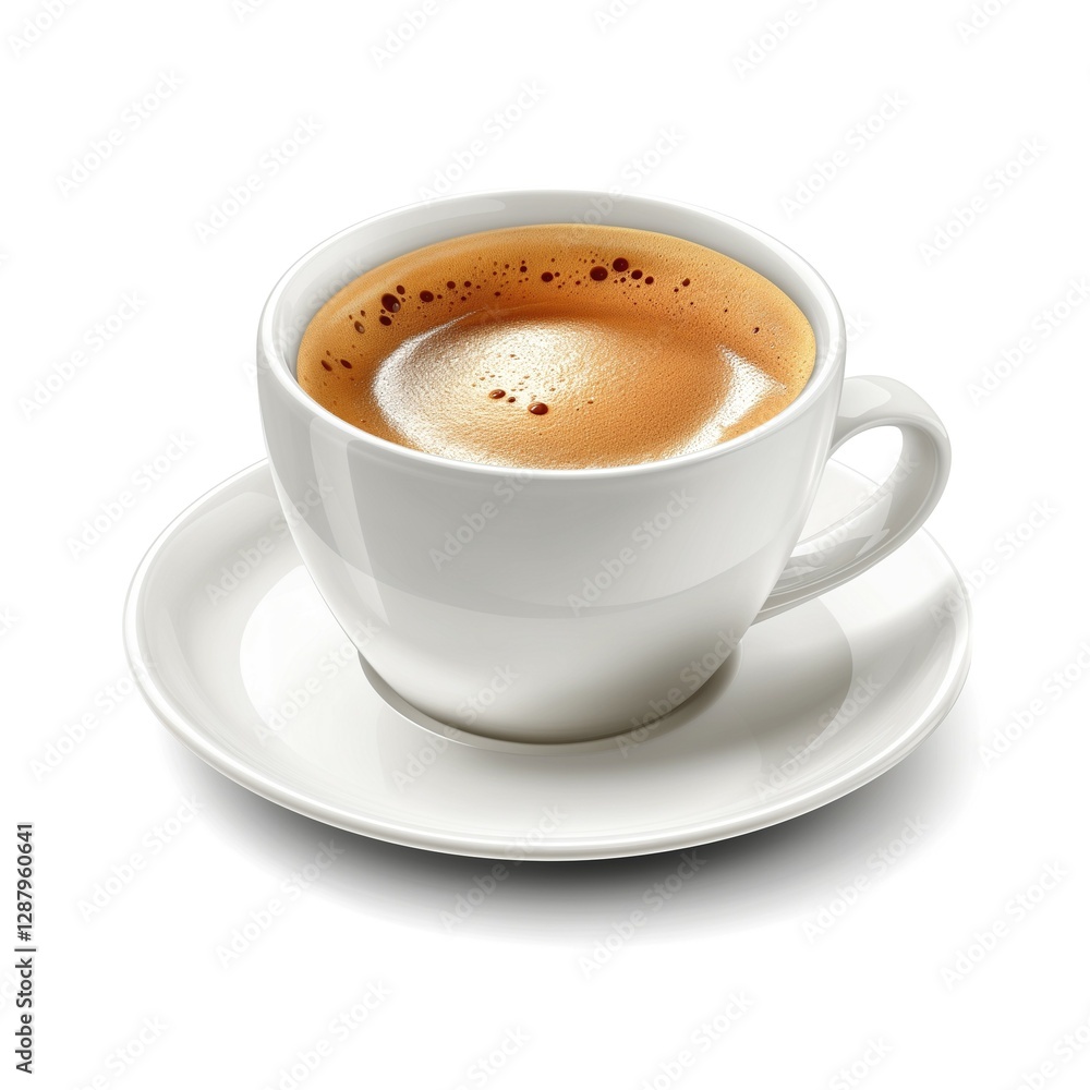 A steaming white coffee cup filled with rich espresso, resting on a matching saucer. A steaming white coffee cup filled with rich espresso, resting on a matching saucer.