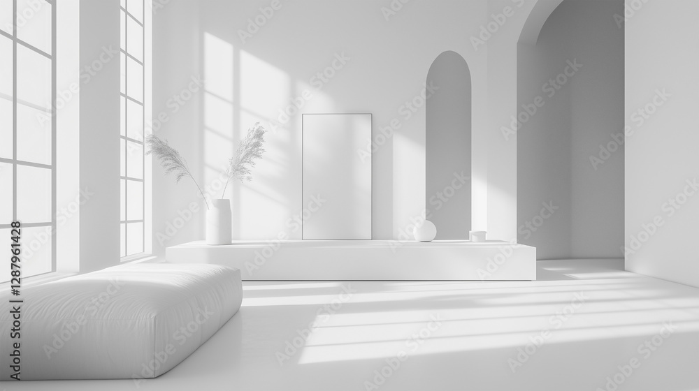 Fototapeta premium A white room with a couch and a white bed