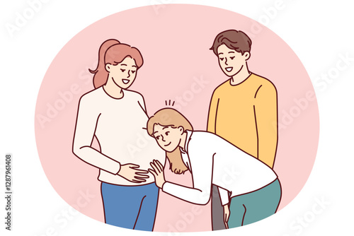 Pregnant woman stands with friends and allows to put ear to stomach to hear movements of baby. Pregnant girl rejoices that she will soon become mother and share positive with sister