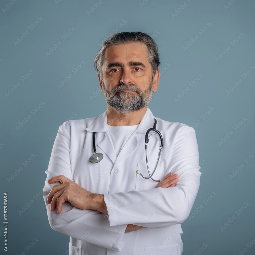 Professional doctor in coat. Senior man is standing in the studio against background Professional doctor in coat. Senior man is standing in the studio against background