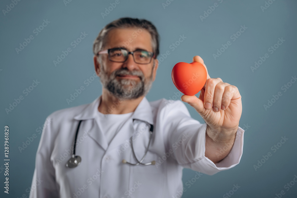 Stethoscope on neck, holding little heart. Senior man is standing in the studio against background Stethoscope on neck, holding little heart. Senior man is standing in the studio against background