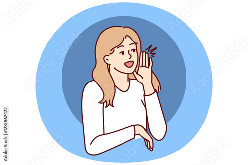 Woman screams with hand to mouth to announce start of seasonal sale or discounts for shopping. Beautiful girl promoter screams calling to pay attention to promotional product or service